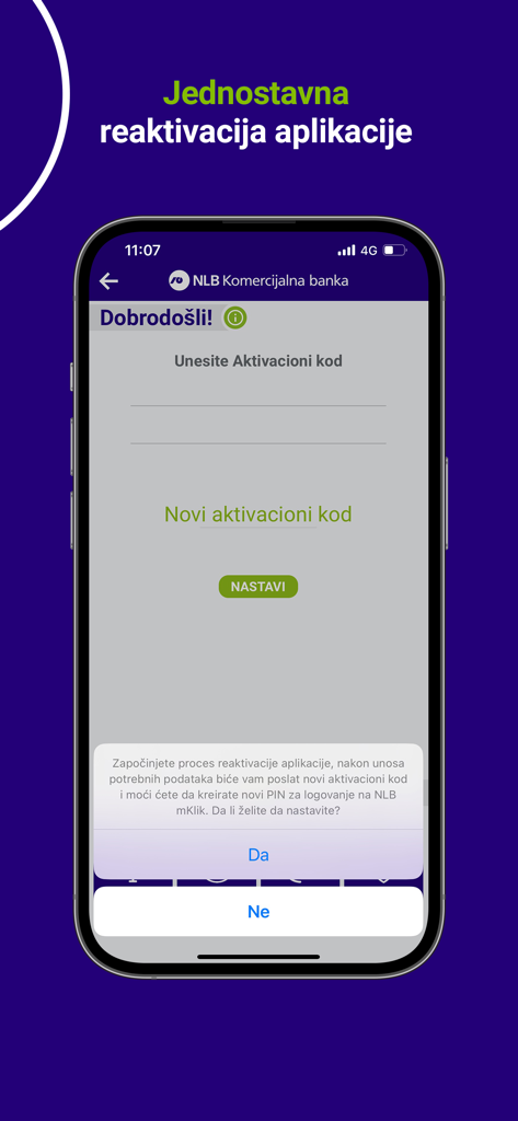 NLB mKlik mobile banking app reactivation screen with activation code input field and confirmation popup.