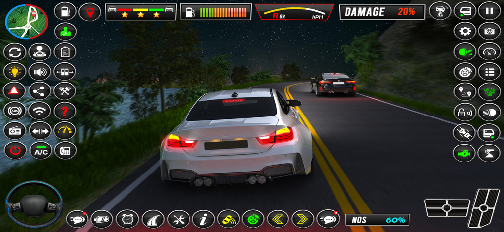 School Driving: Car Simulator - A white car driving on a dark winding road with full dashboard UI in School Driving Car Simulator