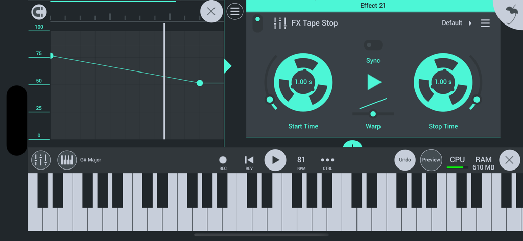 FL Studio Mobile interface featuring the FX Tape Stop module and virtual piano keyboard