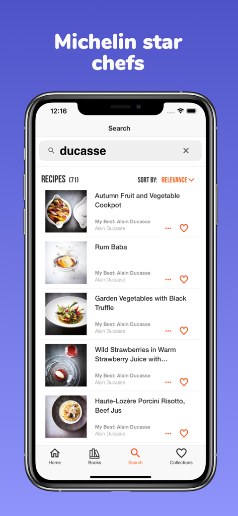 ckbk: discover great cookbooks - Mobile app interface showing search results for Michelin starred chef Alain Ducasse recipes