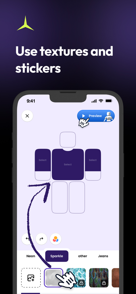 Skins Maker for RBLX - Interface do aplicativo móvel mostrando a personalização da skin do personagem com texturas brilhantes e um botão de prévia 3D