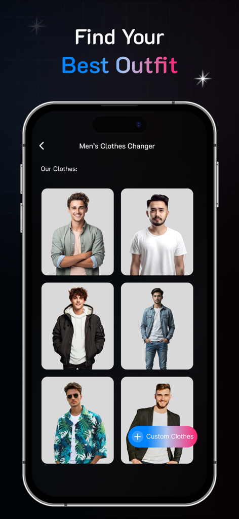 Clothes Changer: Try On Outfit - Una pantalla de aplicación móvil que muestra varios estilos de moda para hombres y atuendos para prueba virtual.