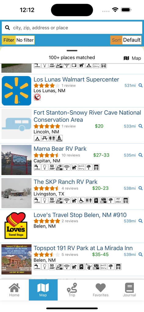 List of RV parks and campgrounds with ratings and amenities in the RV Parky app