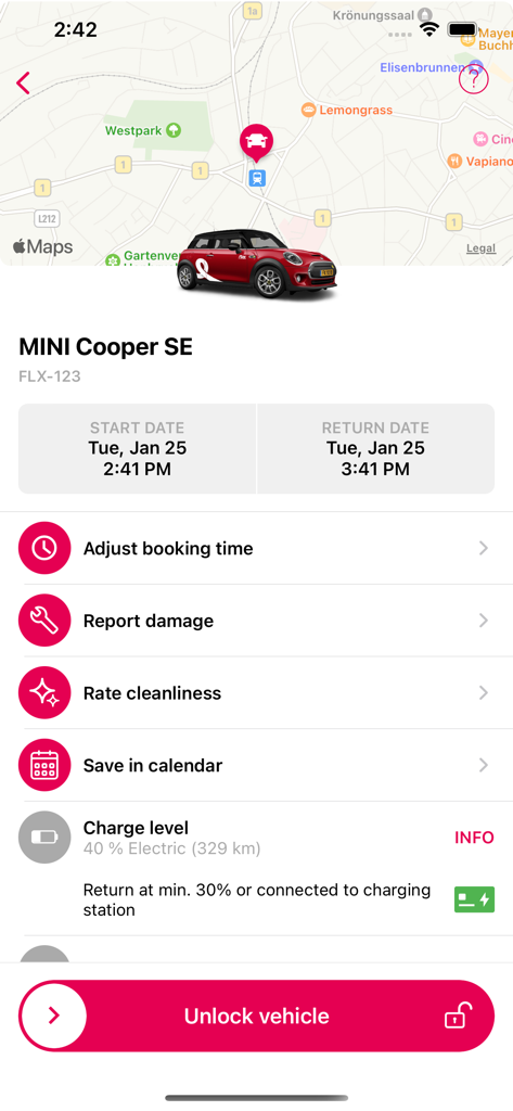 FLEX Carsharing app screen showing a MINI Cooper SE reservation with a button to unlock the vehicle and battery charge level details.