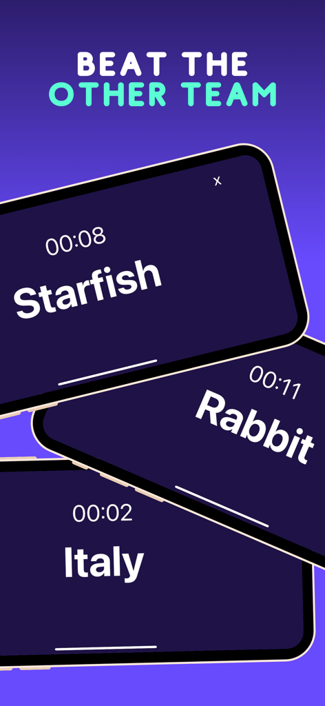 Charades : What am i - Mobile app screens showing a competitive team charades game with words like Starfish and Italy