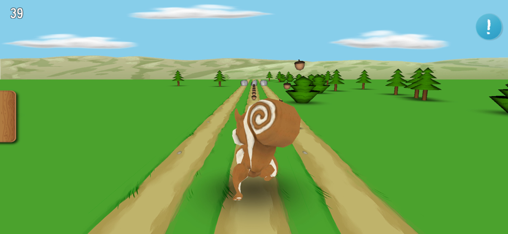 Lucky's Tree of Puzzles - Lucky the character running on a dirt path in a green field collecting acorns