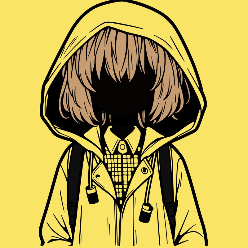 little anime girl in a raincoat her hair is covering her eyes she has a lighter