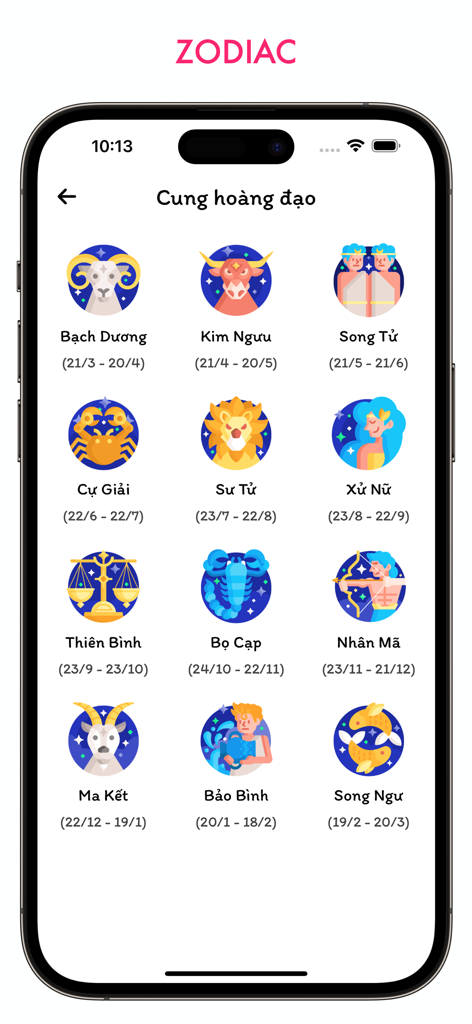 Day Together - Love Days Count - Doce iconos estilizados de signos del zodíaco con nombres y fechas mostrados en la pantalla de un móvil.
