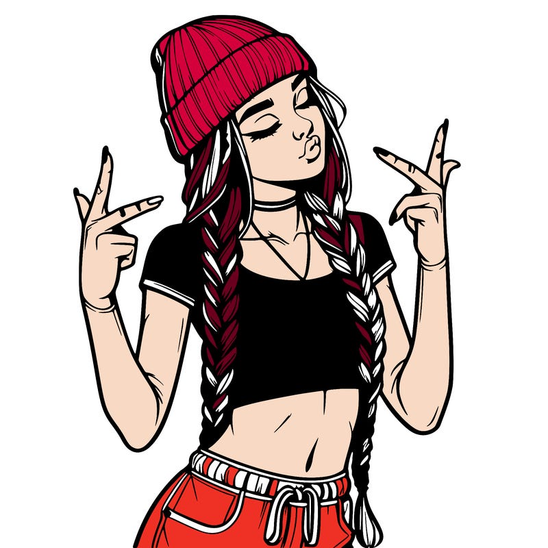 realistic teenage girl with braids and a beanie and crop top doing 🫶🏼