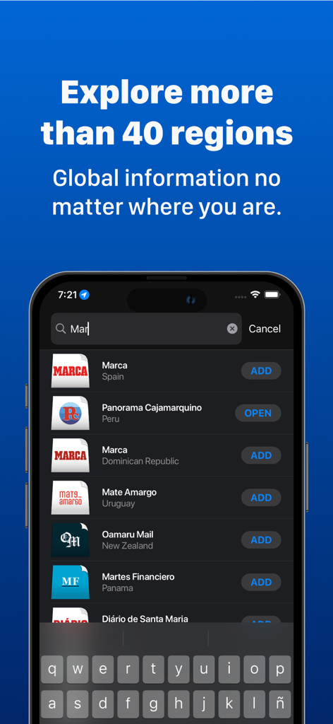 App interface showing search results for newspapers across different regions and countries.