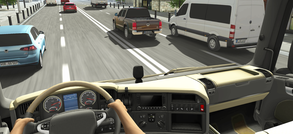 Truck Racer 3D - Vista de cockpit em primeira pessoa de um caminhão dirigindo pelo tráfego no Truck Racer 3D
