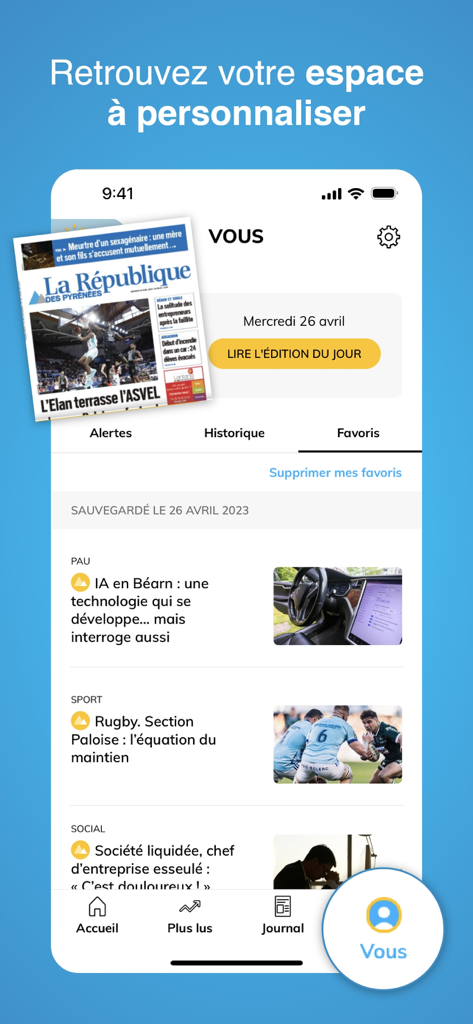 La République des Pyrénées - A screenshot of the personalized favorites and saved news articles section within the La Republique des Pyrenees mobile app.