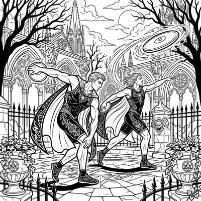 Step into a world where ancient sports meet dark fantasy with this unique Gothic Discus Throwers coloring page. Explore intricate details as powerful athletes prepare to launch their discs against a dramatic gothic backdrop.