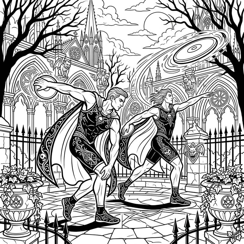 Step into a world where ancient sports meet dark fantasy with this unique Gothic Discus Throwers coloring page. Explore intricate details as powerful athletes prepare to launch their discs against a dramatic gothic backdrop.