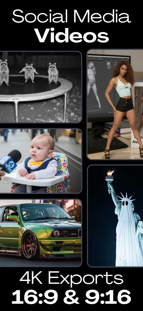 Un collage de vídeos de redes sociales generados por IA que muestran diferentes estilos y relaciones de aspecto como 16:9 y 9:16.