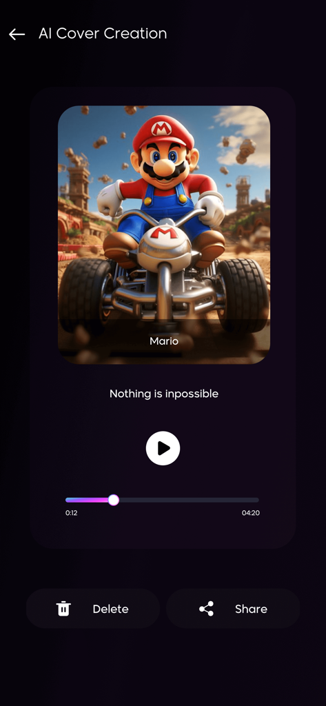AI Cover Songs : Music AI - AI生成されたマリオのカバー画像で再生中のAIカバーソングアプリのインターフェース