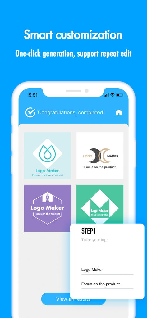 Logo Maker & graphic design - Pantalla de la aplicación móvil mostrando personalización inteligente de logos con generación de diseño automatizada basada en el nombre de la marca y el eslogan.