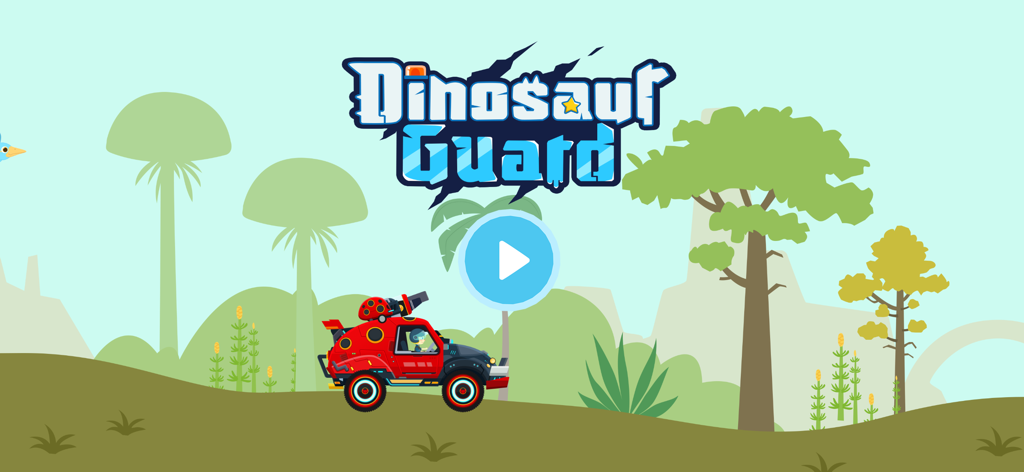 Dinosaur Guard Games for kids - Dinosaur Guard app main menu with a red ladybug vehicle and a play button in a prehistoric landscape