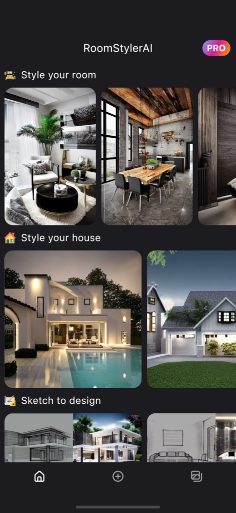 RoomStylerAI - Interior Design - RoomStylerAI app main screen showing interior and exterior design styling options.