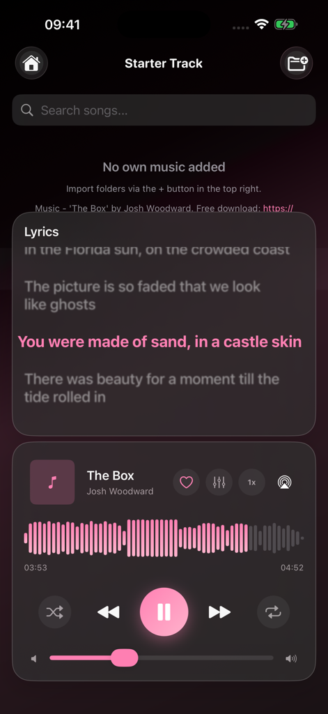 Glaze - Offline Music Player - Glaze offline music player interface showing scrolling lyrics and glass design