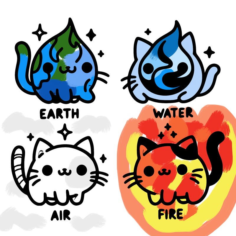 4 cats that represent the different elements, earth, water, air, and fire