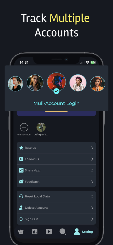 Interfaccia che mostra la funzionalità di accesso multi-account per il tracciamento simultaneo di più profili Instagram.
