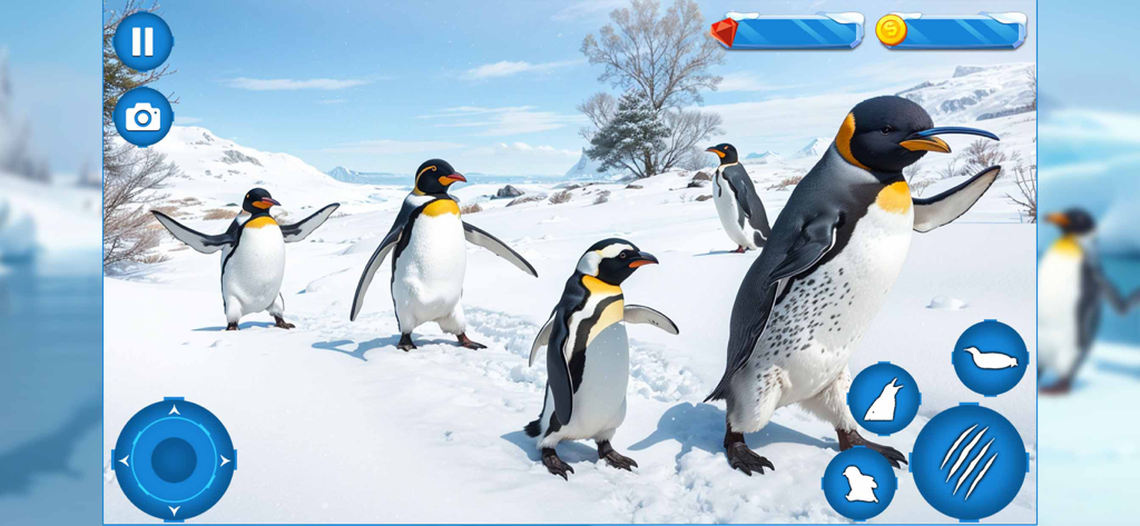 Penguin Family Simulator Game - A group of penguins walking on snow in a realistic arctic life simulator game with game controls