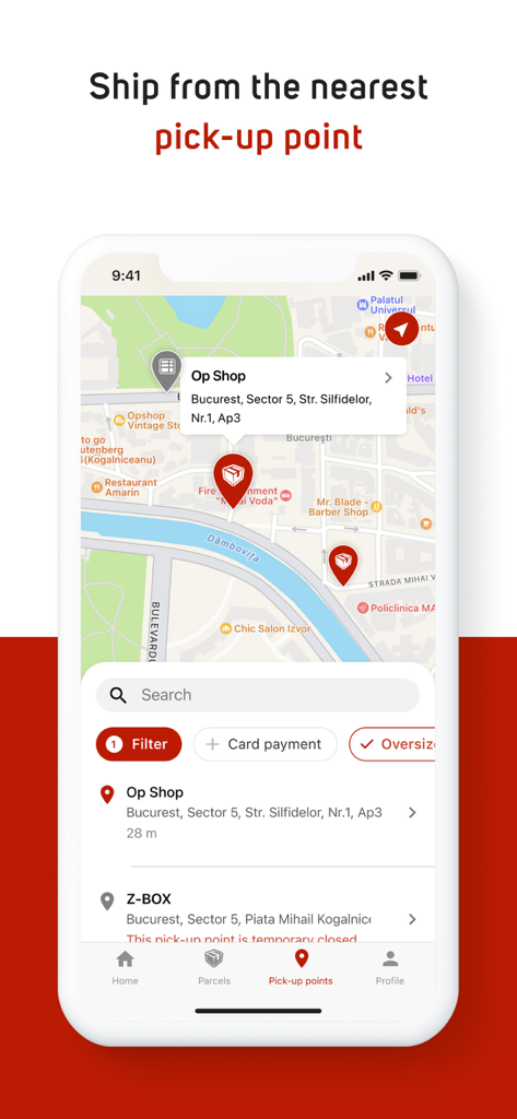 Packeta App-Oberfläche mit einer interaktiven Karte mit nahegelegenen Paketabhol- und Abgabepunkten