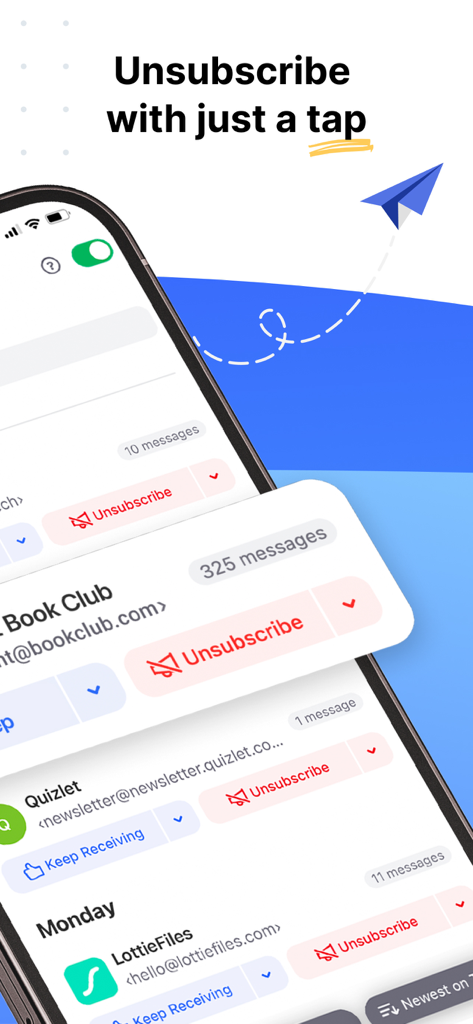 Clean Email App-Oberfläche, die zeigt, wie man sich mit einem einzigen Tippen von Newslettern abmeldet