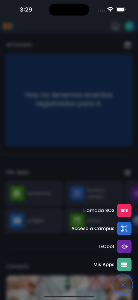 mitec app - Um menu de ação flutuante dentro do aplicativo mitec com atalhos para chamadas SOS, acesso ao campus, TECbot e meus aplicativos.