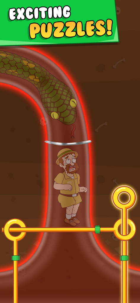 Captura de pantalla del juego Pull Him Out que muestra a un personaje explorador atrapado en un túnel con una gran serpiente sobre él.