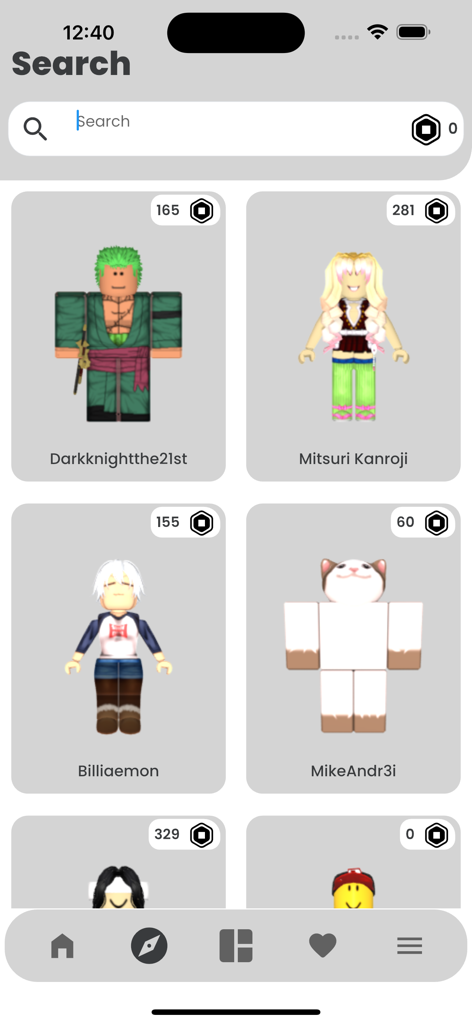 Interface de busca do app Ideias de Outfits para Roblox exibindo uma grade de skins de avatar personalizadas e seus preços em Robux.