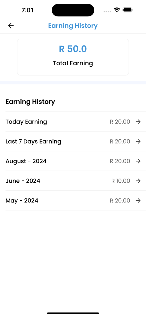 Bzaar Driver - Bzaar Driver app earning history screen showing total earnings and periodic breakdowns