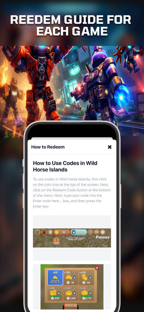 CodesHub - game codes for RBLX - Guía paso a paso sobre cómo canjear códigos en juegos de Roblox dentro de la aplicación CodesHub