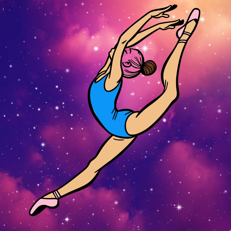 gymnast doing a leap in a leotard with a bent back leg