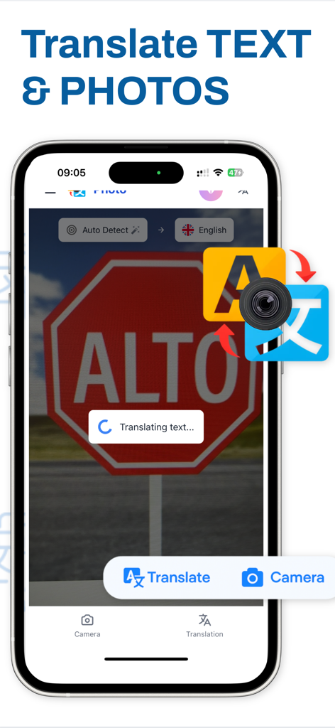 Text & Photo Translator - 携帯電話の画面に、カメラ機能を使用して「止まれ」の標識の翻訳が表示されている