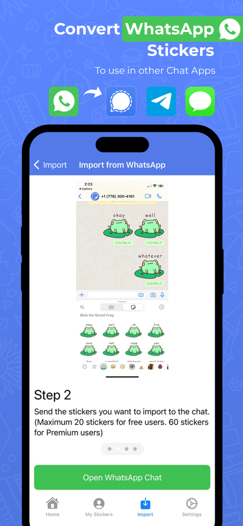 SigStick Sticker Maker - Interface showing how to convert and import WhatsApp stickers to other messaging apps like Telegram and Signal