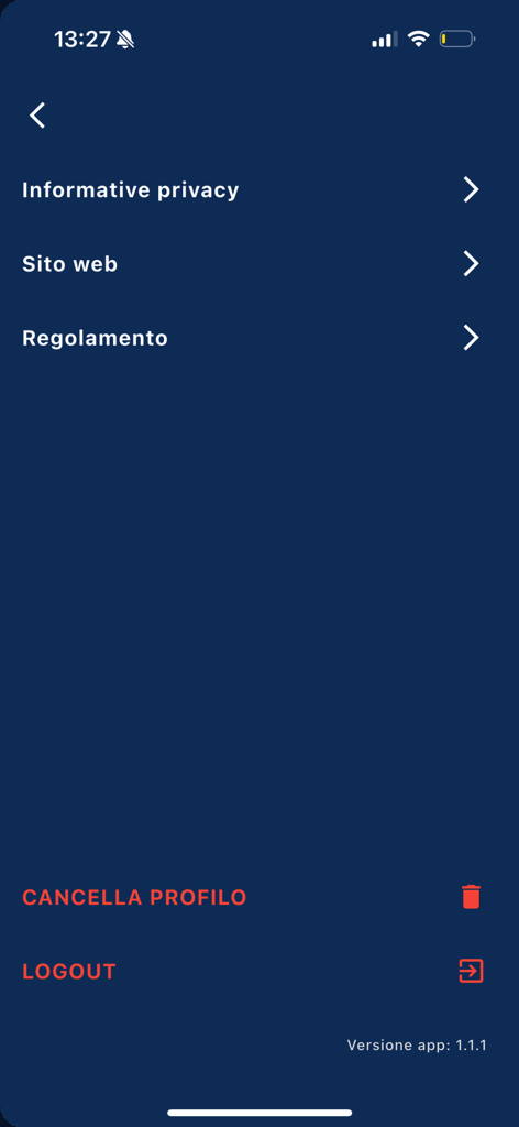 Maury's Fidelity - Settings menu of the Maury's Fidelity mobile app featuring account management and policy links