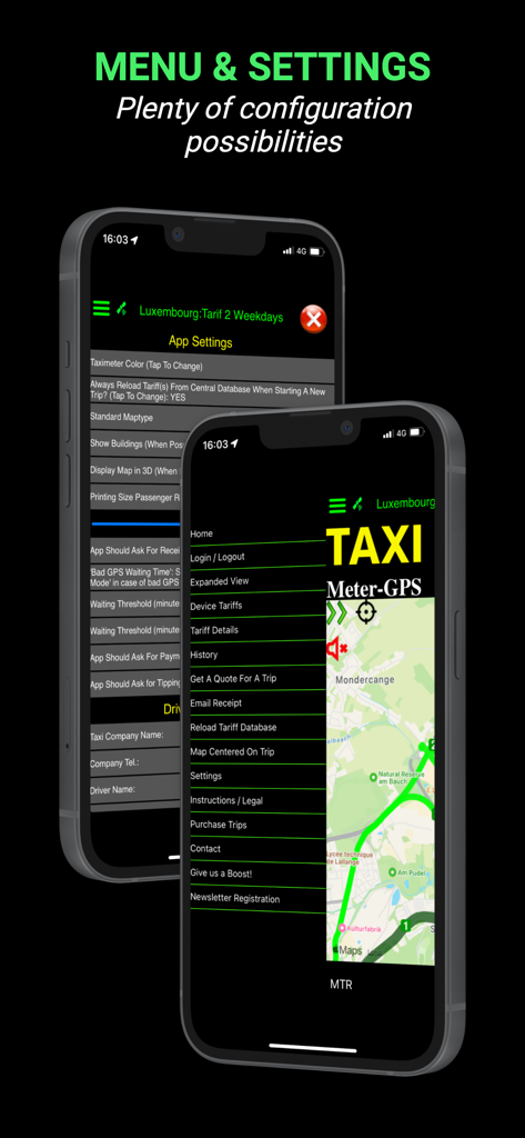 Taximeter-GPS - Interface da aplicação Taximeter-GPS mostrando um menu abrangente e definições de configuração detalhadas para motoristas profissionais.