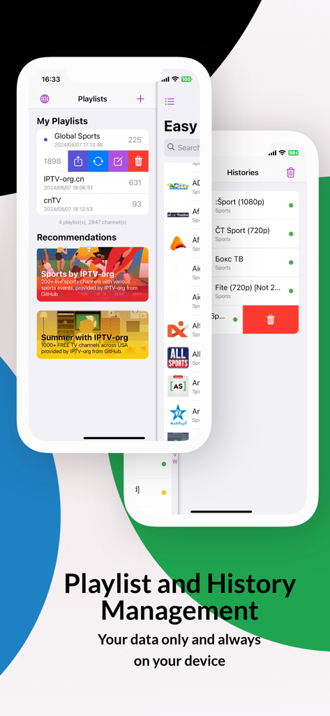Easy TV - Watch IPTV - Mobile app interface of Easy TV showing playlist organization and watch history management for IPTV streams