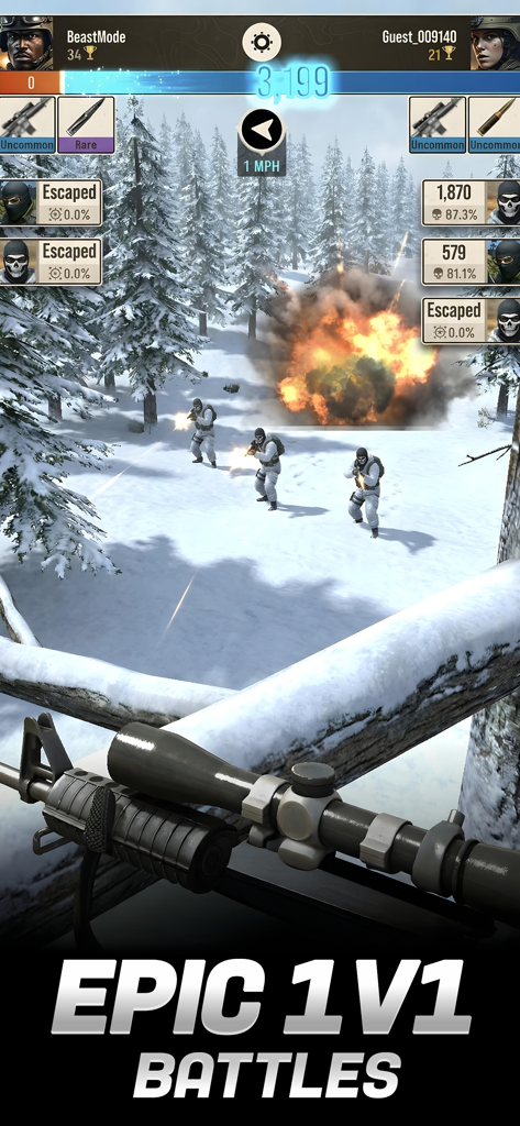 Sniper Battle: 3D War Shooter - Sniper gameplay showing a 1v1 duel in a snowy forest with an explosion and enemy targets