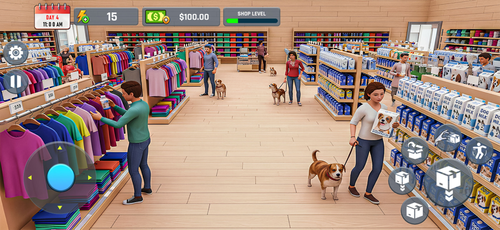 Dog Food Supermarket Simulator - In-game view of a supermarket simulator where customers shop for dog food and clothing with their pets