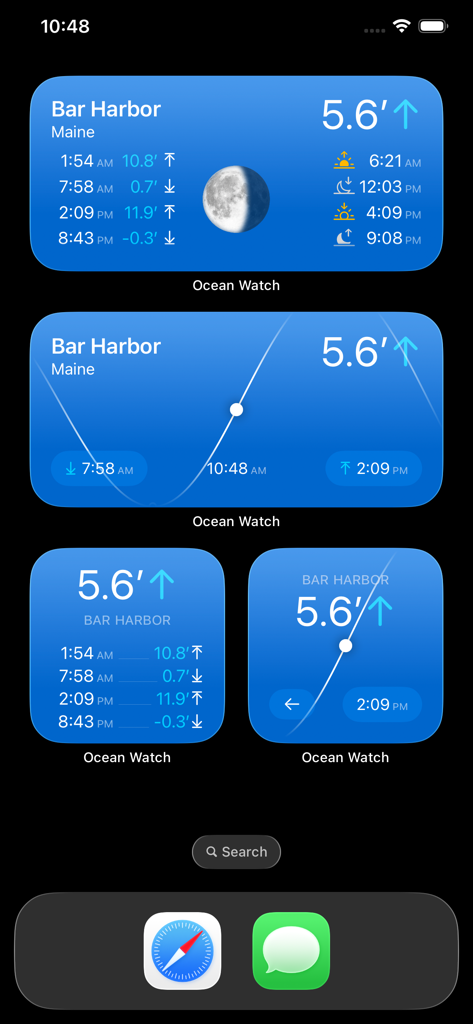Ocean Watch - Ocean Watch iOS-Widgets, die Gezeitenstände, Mondphasen und Gezeitenkurven für Bar Harbor Maine anzeigen