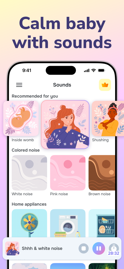 Cry Analyzer · Baby Translator - Una pantalla de aplicación móvil con una biblioteca de sonidos calmantes para bebés, que incluye ruido blanco y sonidos del vientre materno.