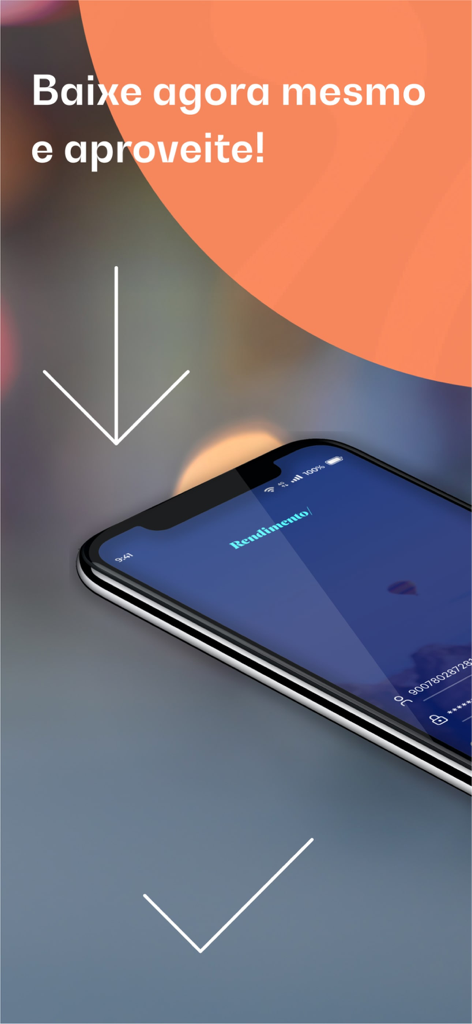 Rendimento VTM - Smartphone exibindo a tela de login do aplicativo Rendimento VTM para gerenciamento de cartões de viagem pré-pagos.