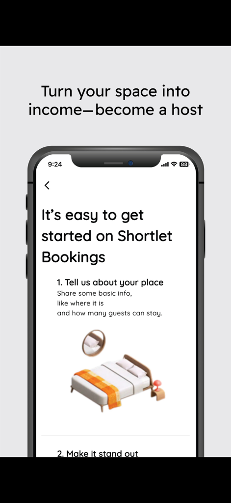 Shrbo - Onboarding screen for the Shrbo app explaining how to become a property host and list a space.