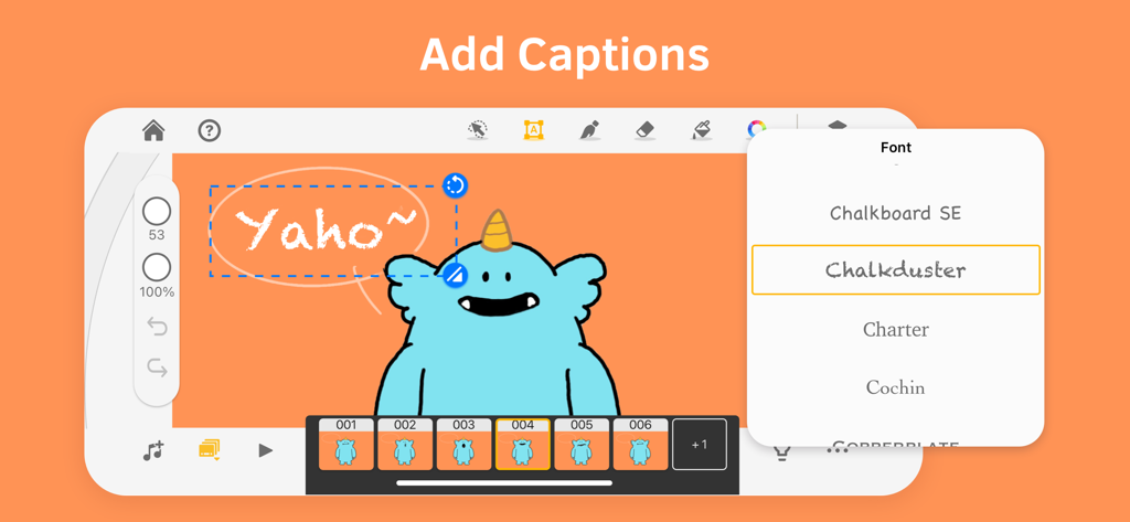 Adicionando legendas a um personagem de monstro de desenho animado no Animation Desk com um menu de seleção de fonte