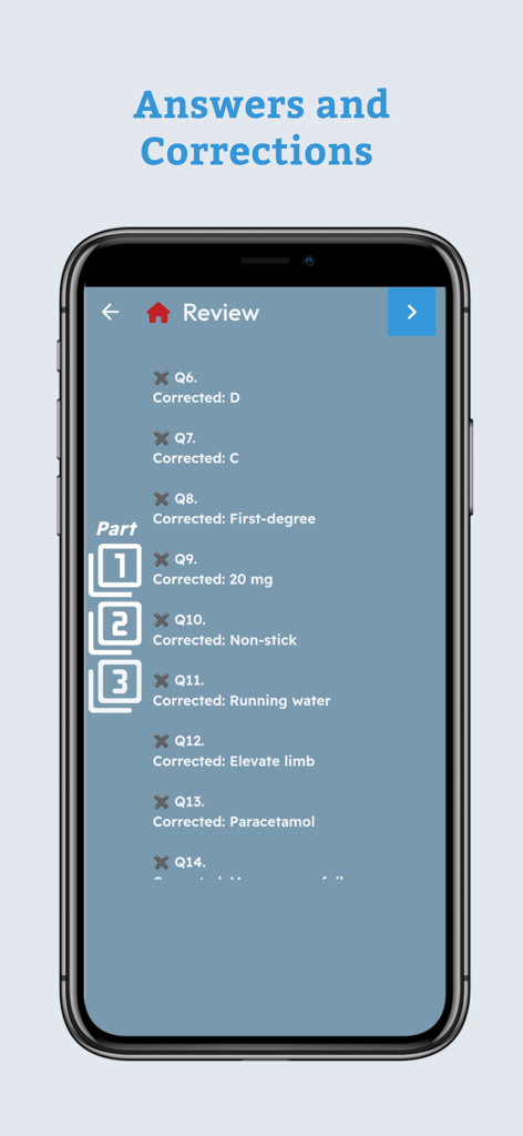 OET Sample Tests - A mobile screen showing the answers and corrections page of an OET practice test for healthcare professionals.
