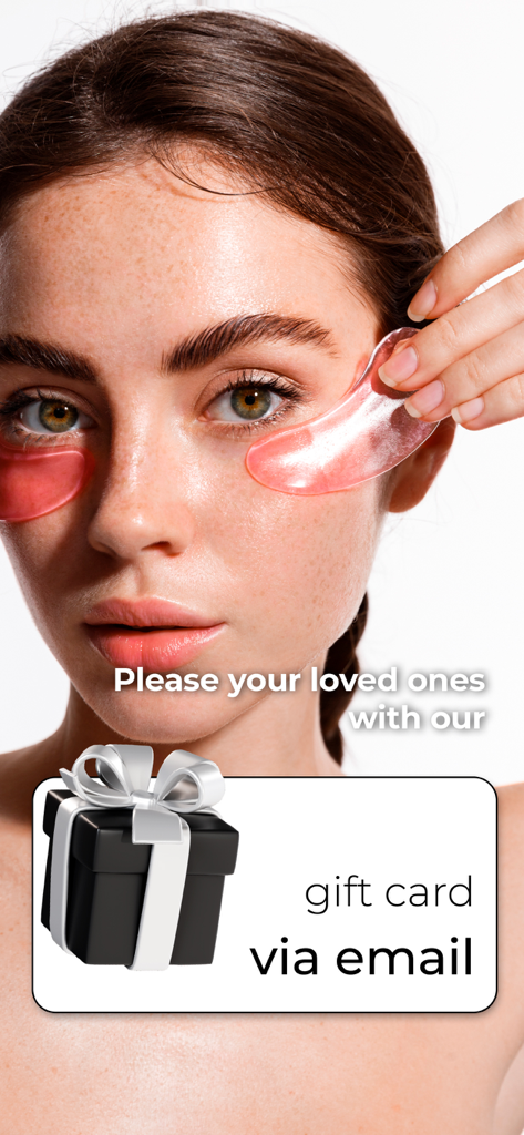 Skinsli: Korean Skincare - A woman using pink under-eye patches with a promotional graphic for a Skinsli email gift card