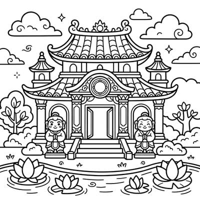 Step into a world of cuteness with this charming Kawaii Temple coloring page, perfect for young artists. Featuring friendly figures, beautiful lotus flowers, and a detailed temple, it promises hours of creative fun.